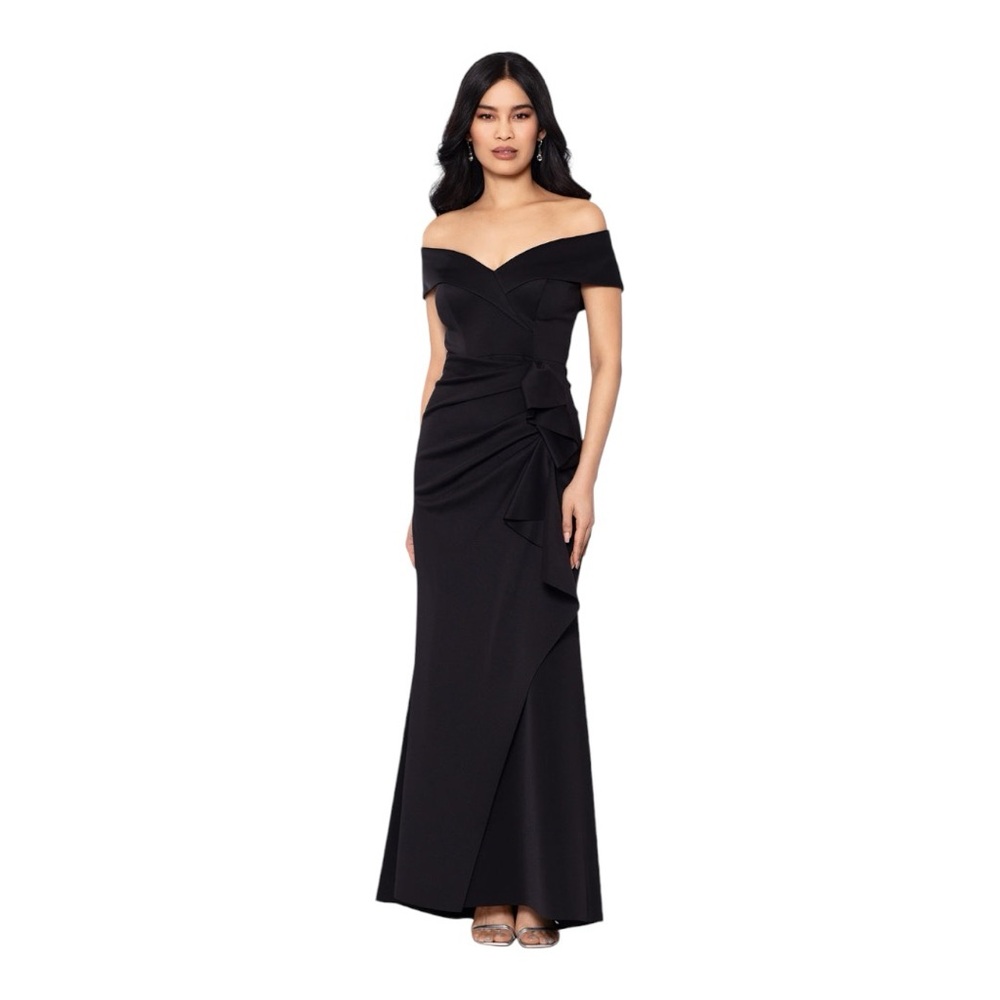Off the Shoulder Scuba Dress with Side Ruffle in Black